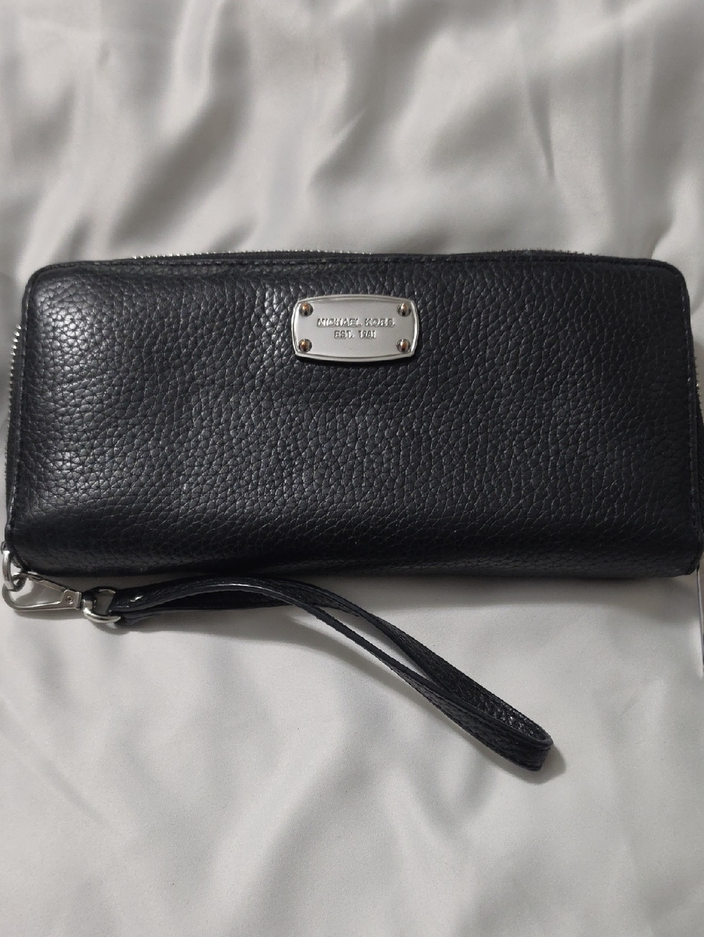 Michael Kors Black Pebbled Leather Zip Wristlet with Silver Plaque